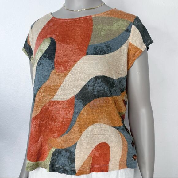Linen Abstract Print Top Rachel Zoe Artsy Boho Retro Resortwear Summer Size XL - Picture 2 of 7